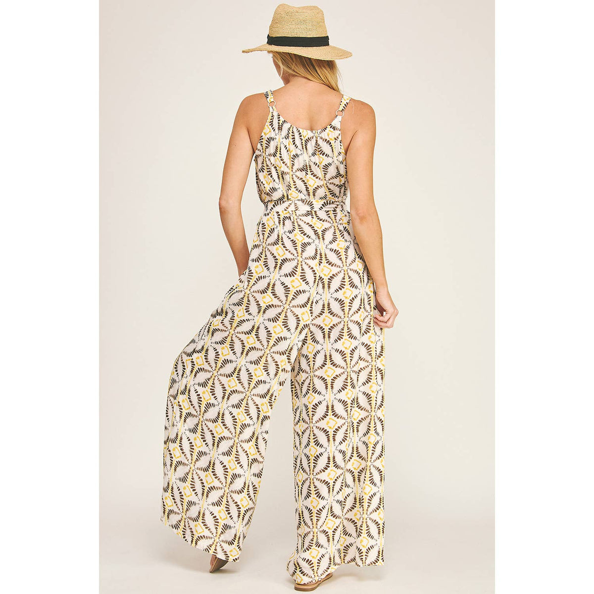 TIE WAIST WIDE LEG JUMPSUIT W/ BEAD TRIM