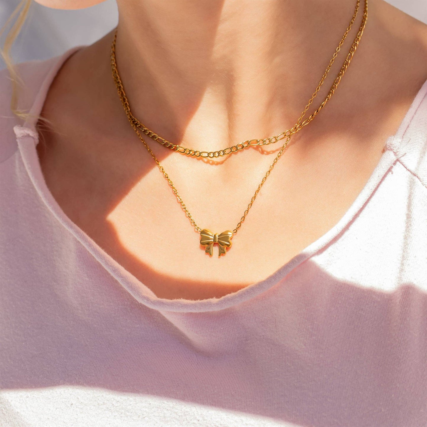 18K Gold PVD Stainless Steel Bow Charm Necklace