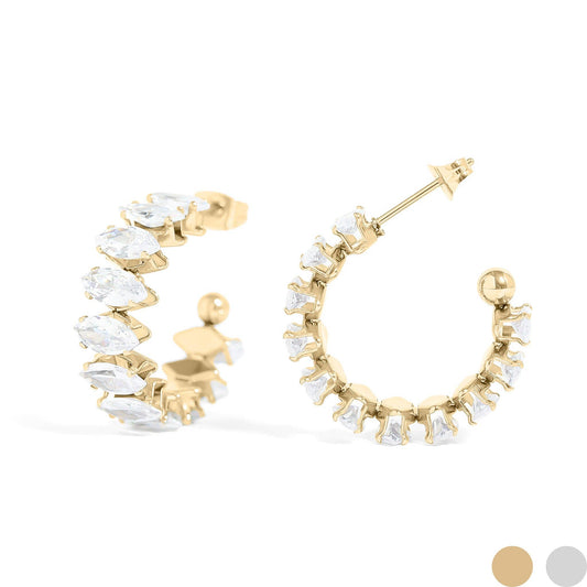 18K Gold PVD Stainless Steel Marquis CZ Stone Hoop Earrings