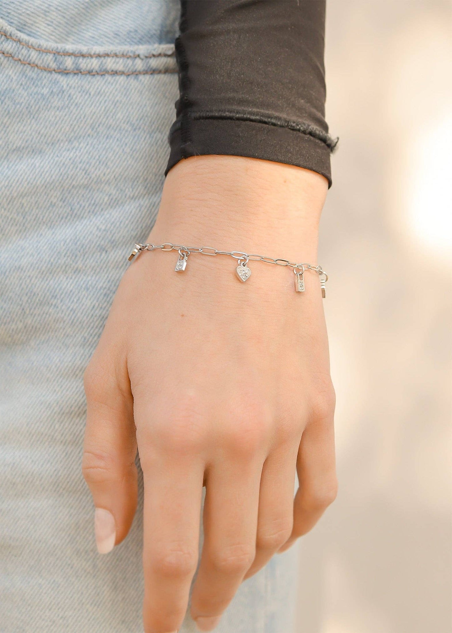 18K Gold PVD Stainless Steel Heart & Lock Charm Bracelet