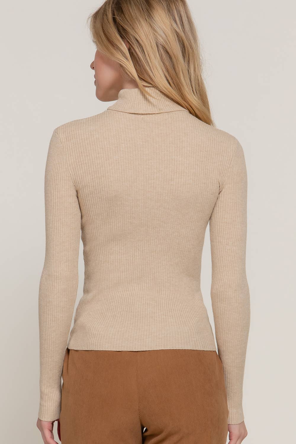 Long Sleeve Turtle Neck Fitted Viscose Rib Sweater Top