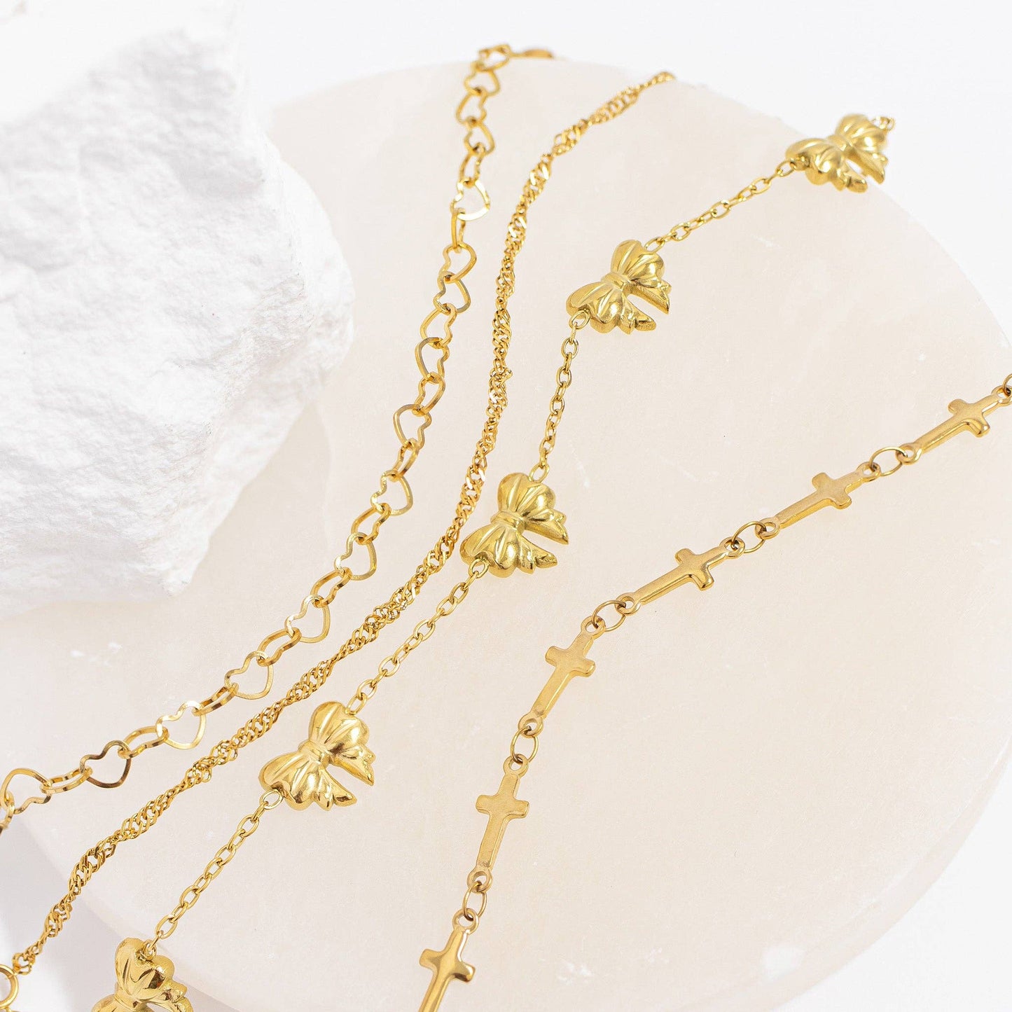 18K Gold PVD Stainless Steel Station Bow Charm Bracelet