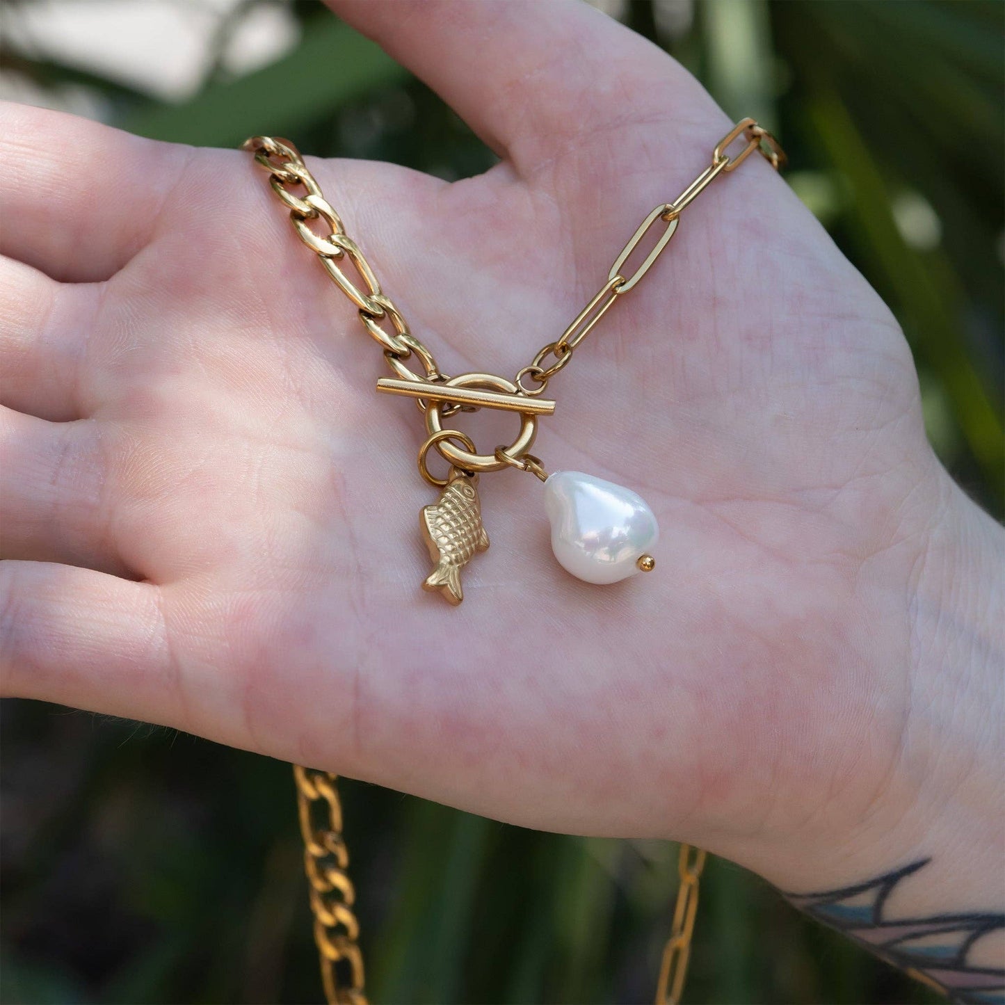 18K Gold PVD Toggle Clasp Freshwater Pearl Charm Necklace