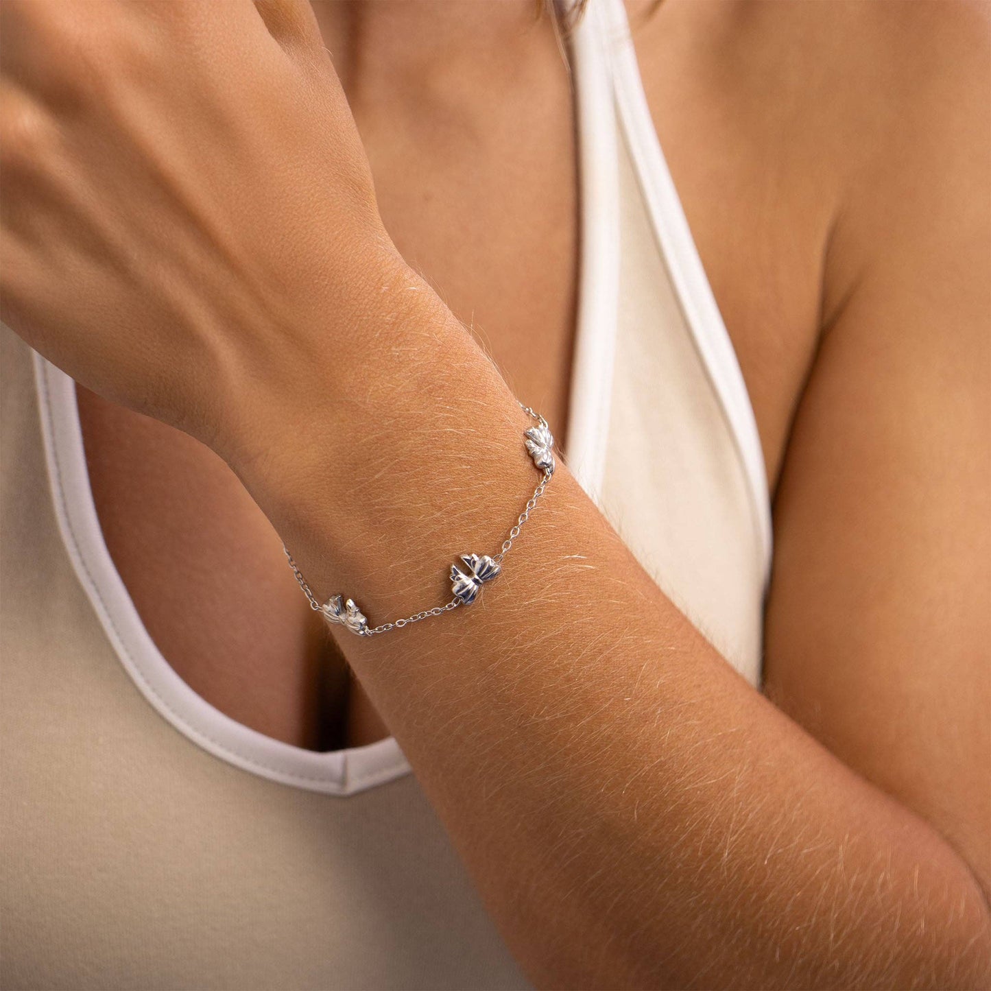 18K Gold PVD Stainless Steel Station Bow Charm Bracelet