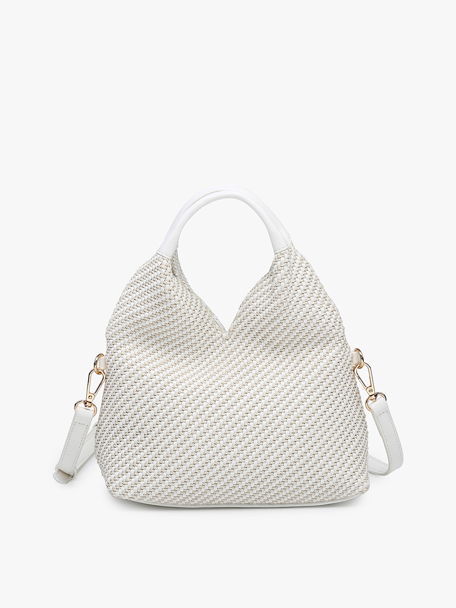 White woven handbag on a white background