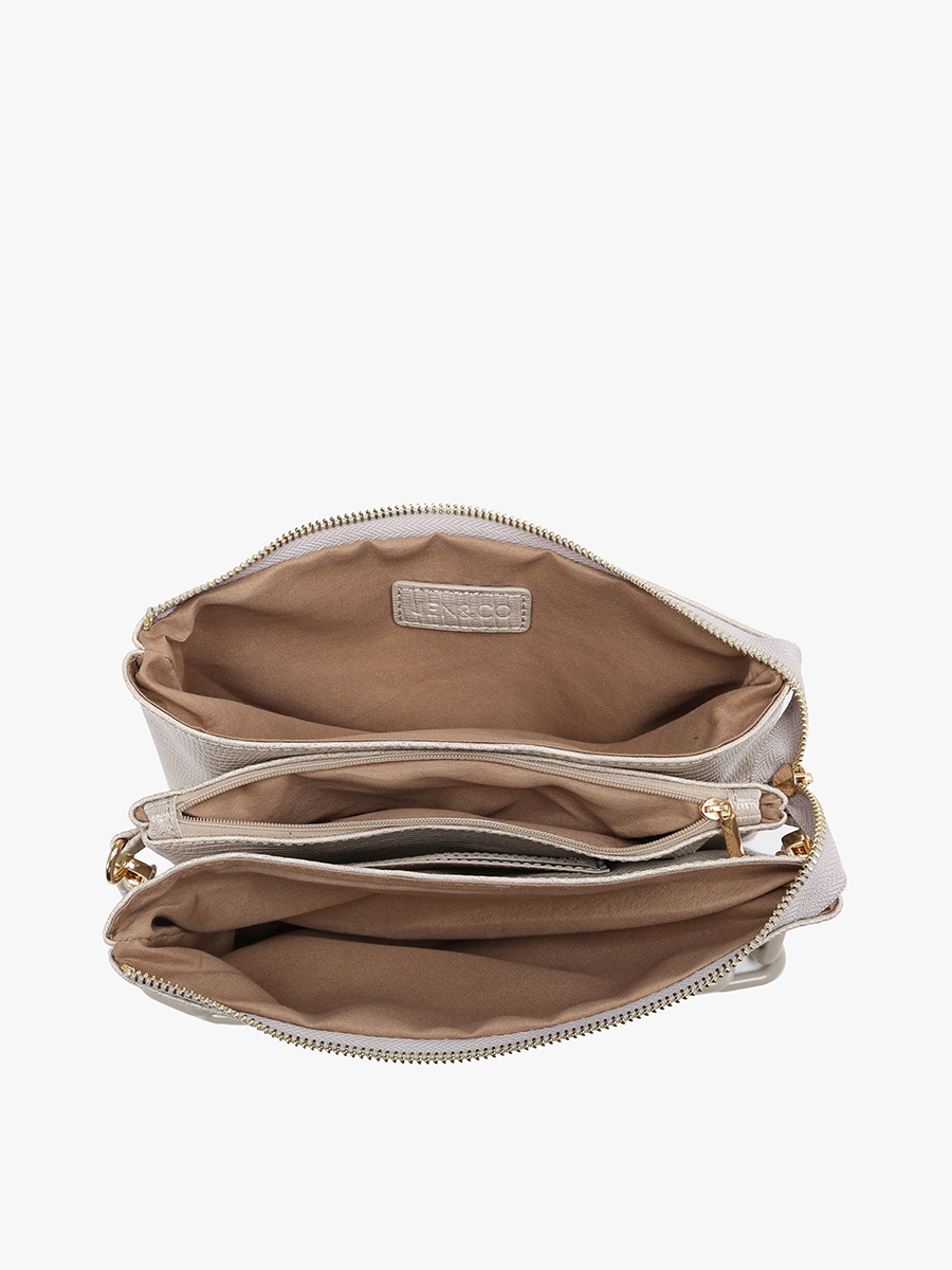 Open beige handbag with visible brand logo on a white background