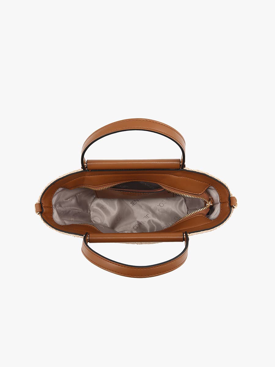 Brown leather handbag with open lid on a white background