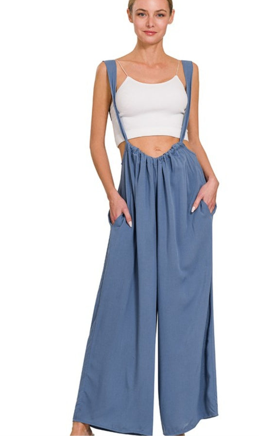 Woven Tie Back Suspender Jumpsuit With Pockets