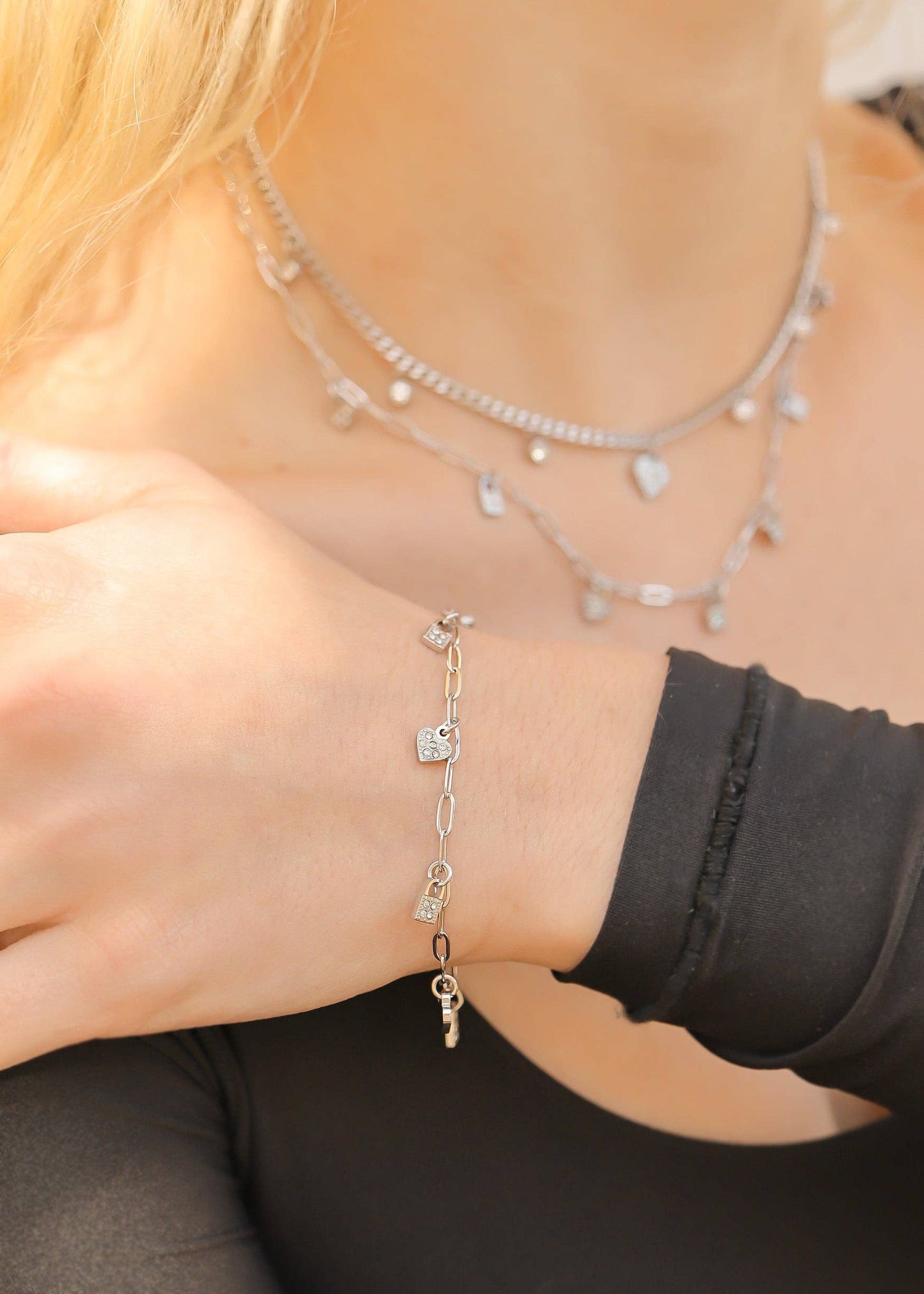 18K Gold PVD Stainless Steel Heart & Lock Charm Bracelet