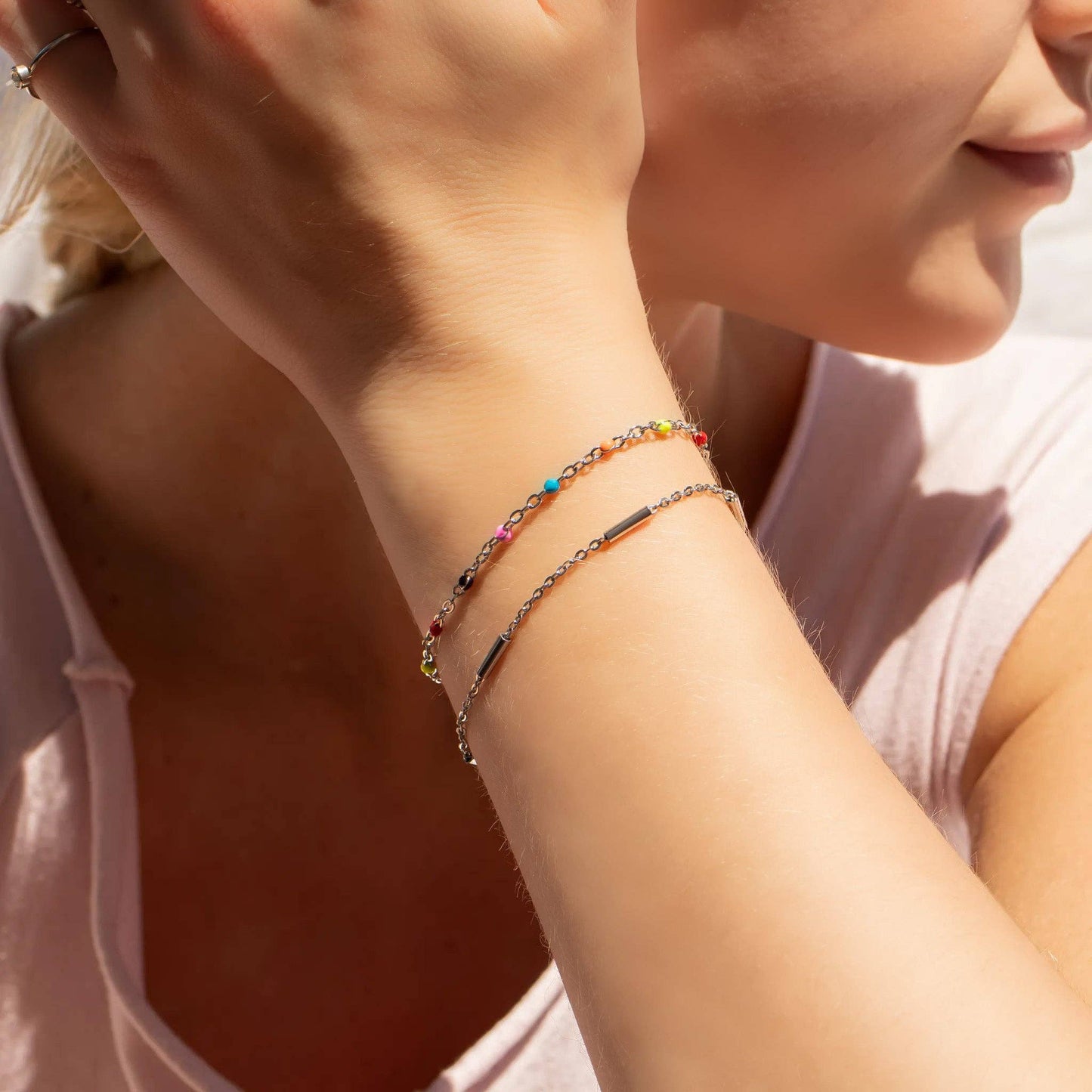 18K Gold PVD Stainless Steel Satellite Bar Chain Bracelet