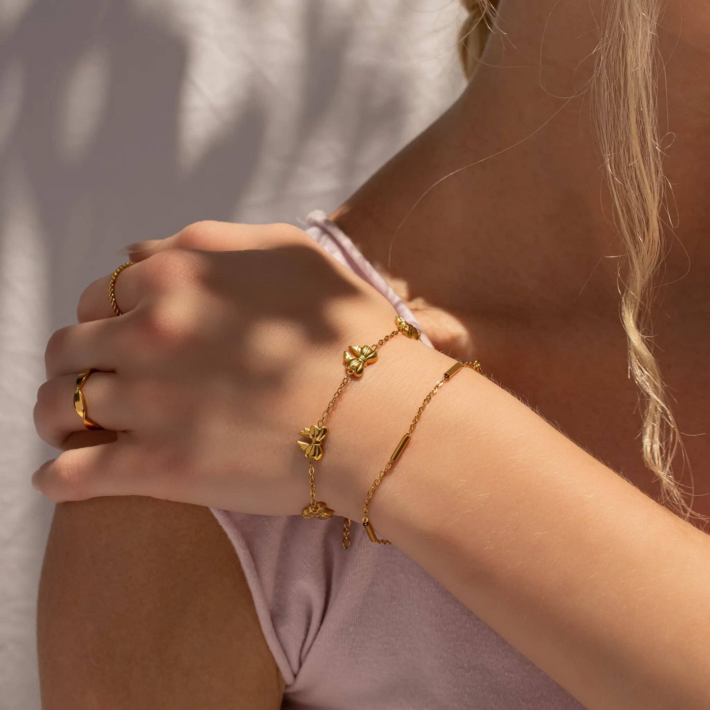 18K Gold PVD Stainless Steel Satellite Bar Chain Bracelet