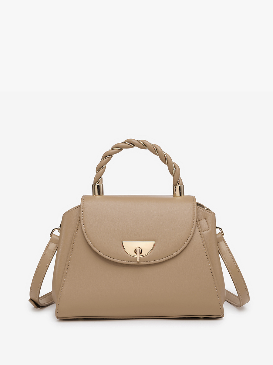 Beige handbag with a gold clasp on a white background