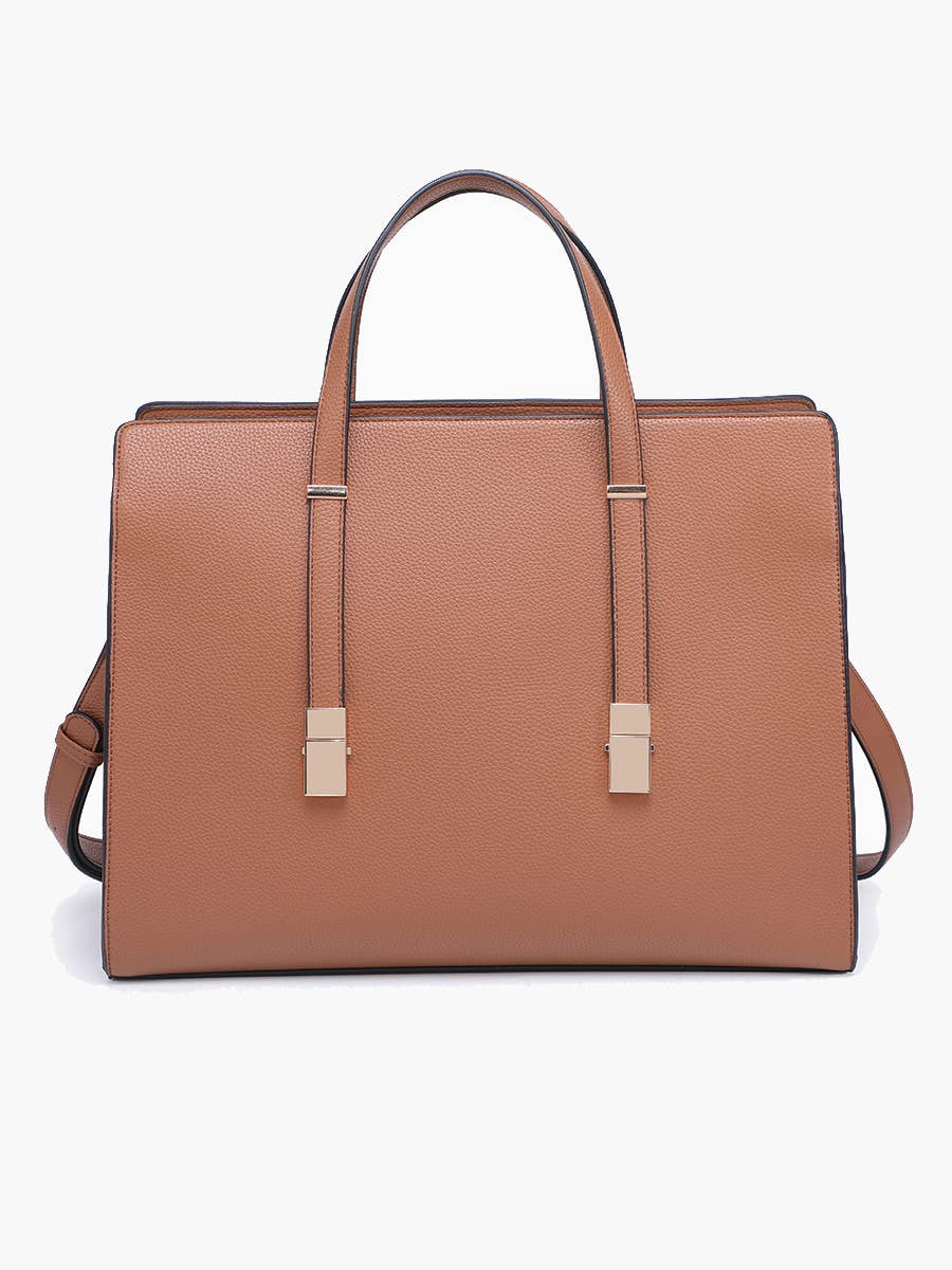 Brown handbag with gold accents on a white background