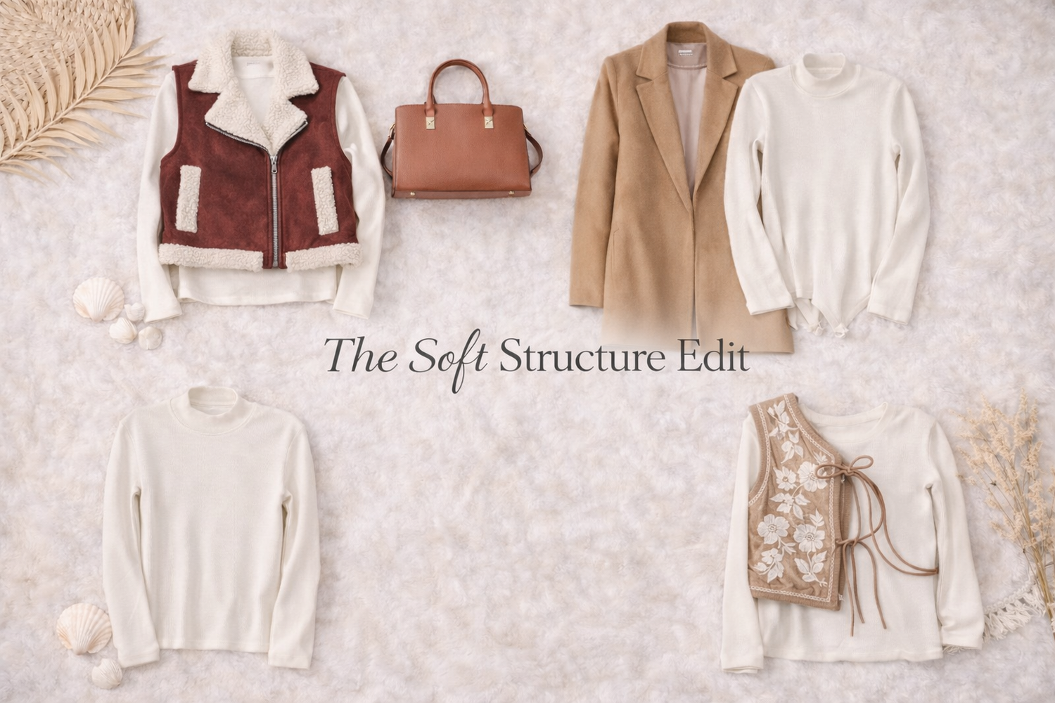 flat lay image of burgundy vest, brown jacket, brown handbag, and floral vest 