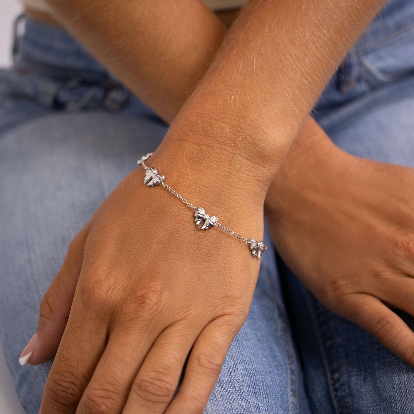 18K Gold PVD Stainless Steel Station Bow Charm Bracelet