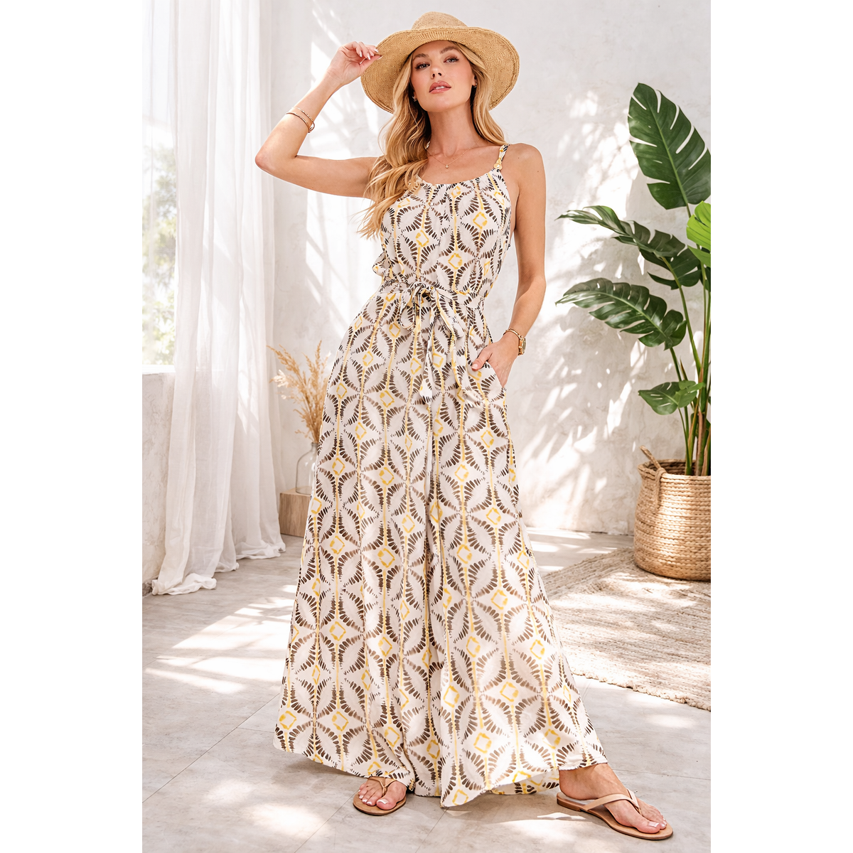 TIE WAIST WIDE LEG JUMPSUIT W/ BEAD TRIM