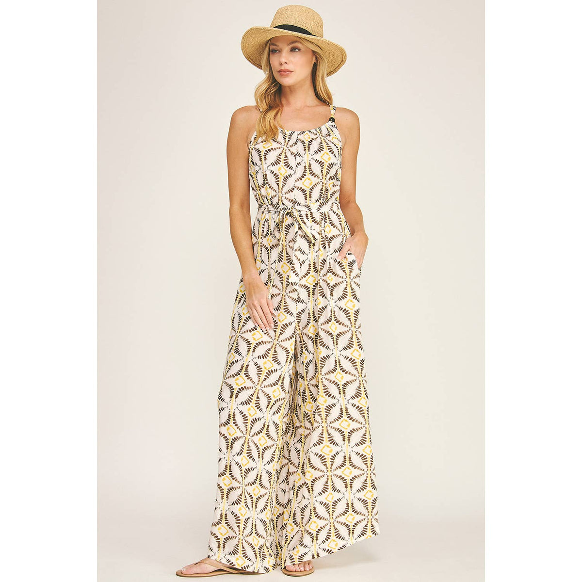 TIE WAIST WIDE LEG JUMPSUIT W/ BEAD TRIM