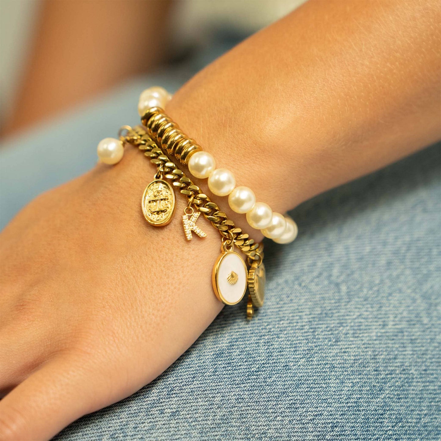 18K Gold PVD Stainless Steel White Enamel Charm with Shell