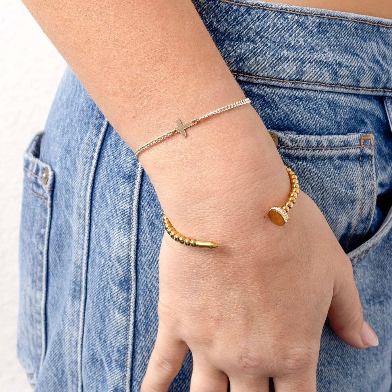 18K Gold PVD Stainless Steel Beaded Nail Bangle With Stones