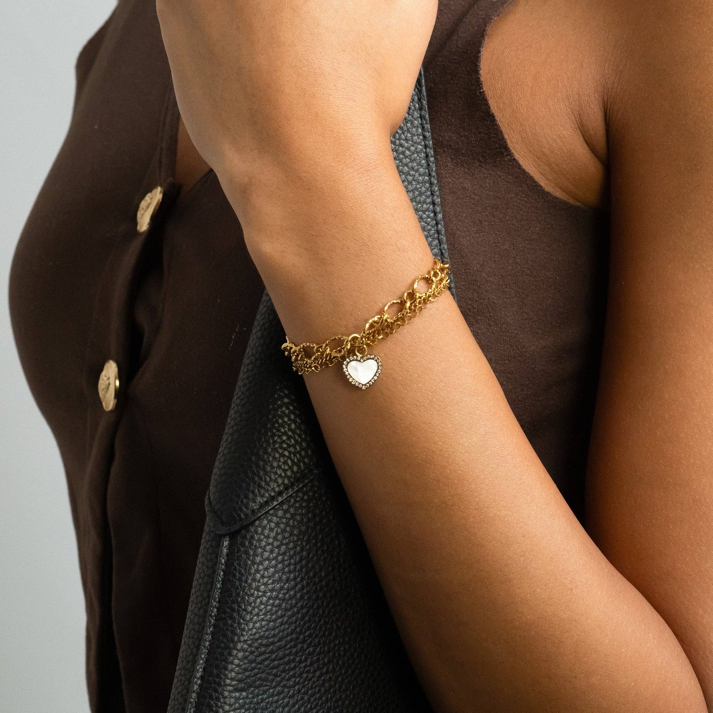 18K Gold PVD Stainless Steel Pearl Heart Charm