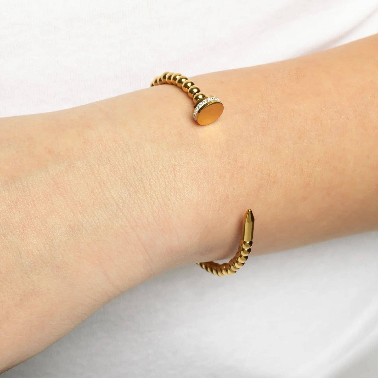 18K Gold PVD Stainless Steel Beaded Nail Bangle With Stones