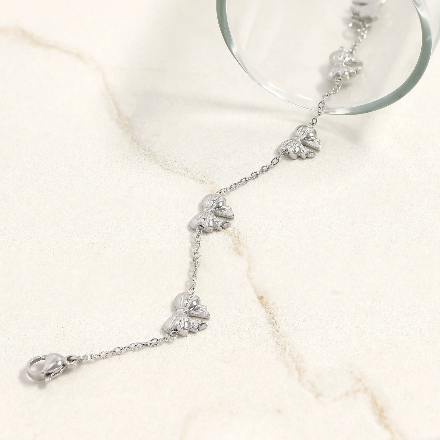 18K Gold PVD Stainless Steel Station Bow Charm Bracelet