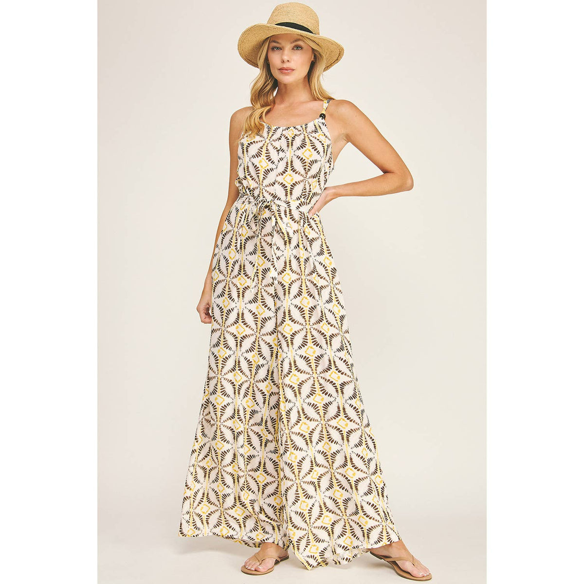 TIE WAIST WIDE LEG JUMPSUIT W/ BEAD TRIM