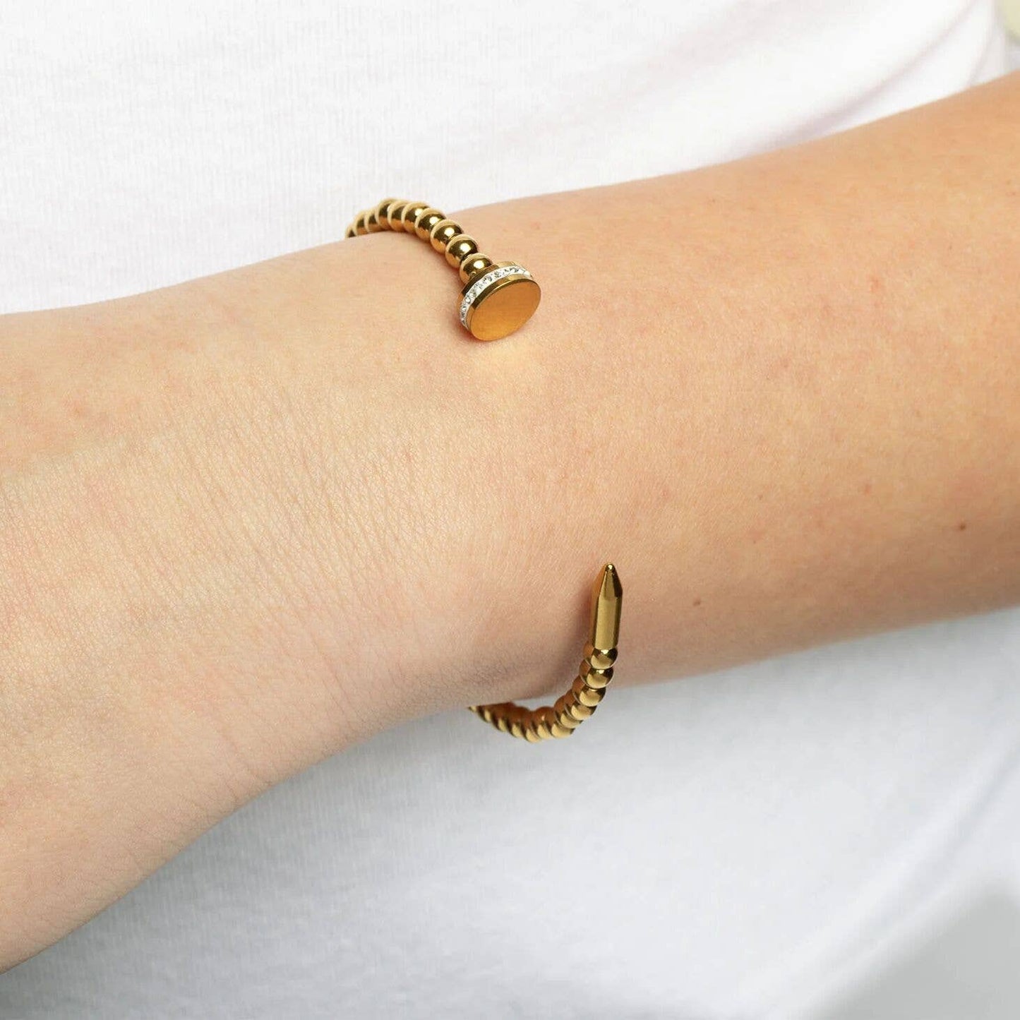 18K Gold PVD Stainless Steel Beaded Nail Bangle With Stones
