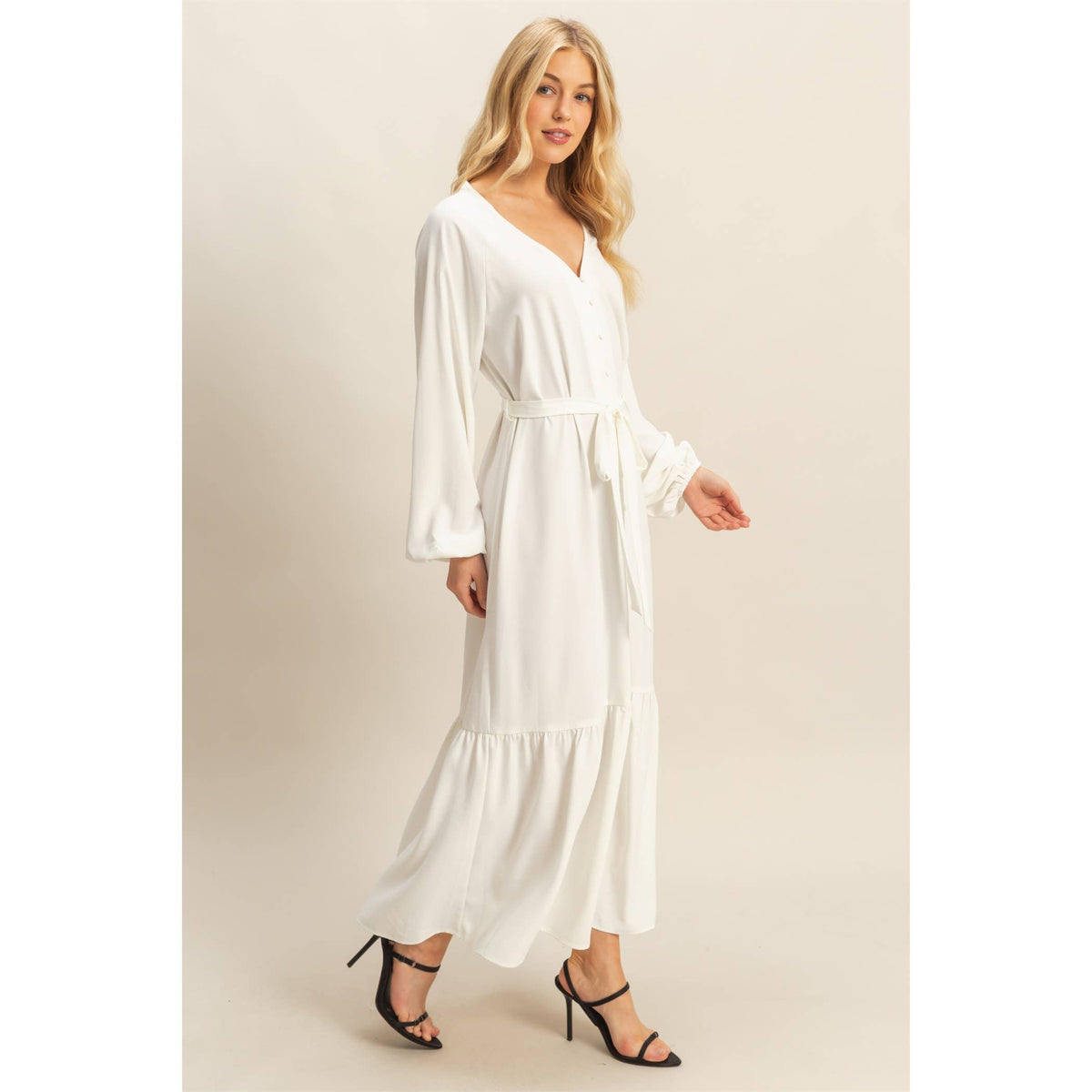 Elegant Long Sleeve Midi Dress With Tie Waist