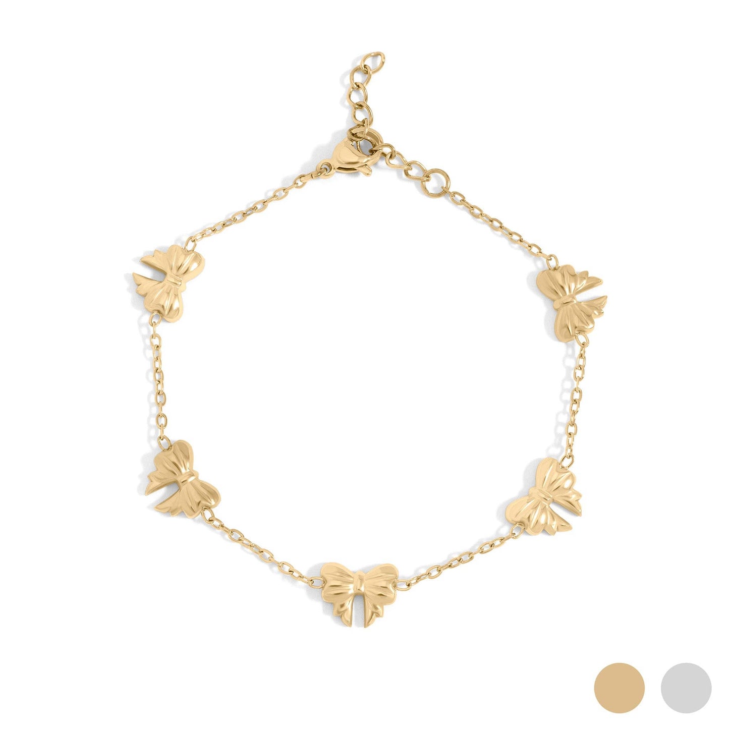 18K Gold PVD Stainless Steel Station Bow Charm Bracelet