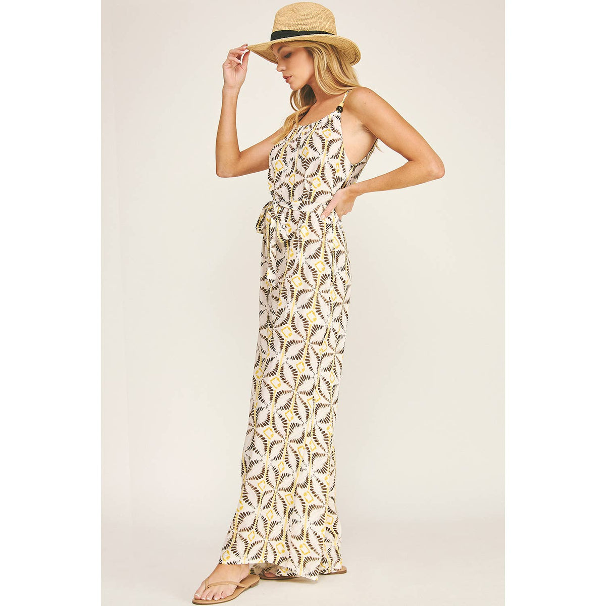 TIE WAIST WIDE LEG JUMPSUIT W/ BEAD TRIM