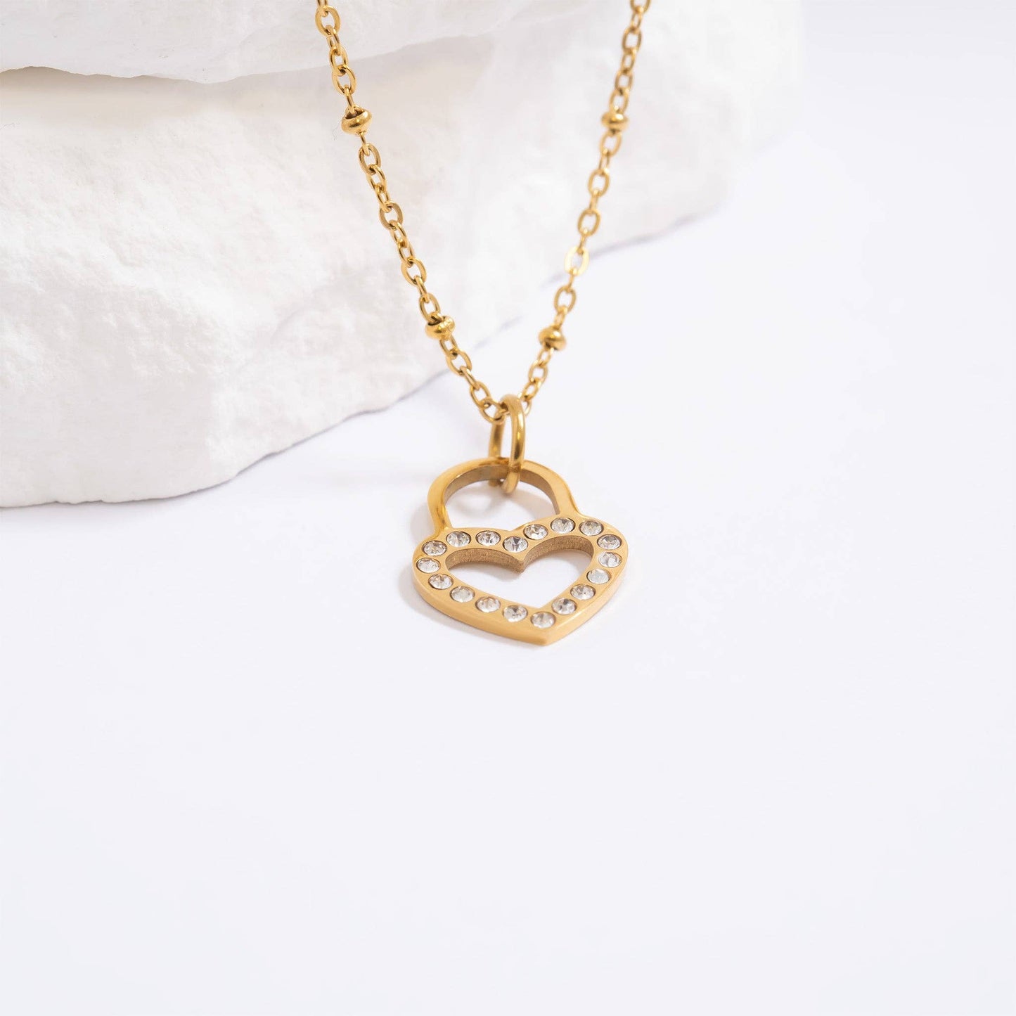 18K Gold PVD Stainless Steel CZ Padlock Heart Charm