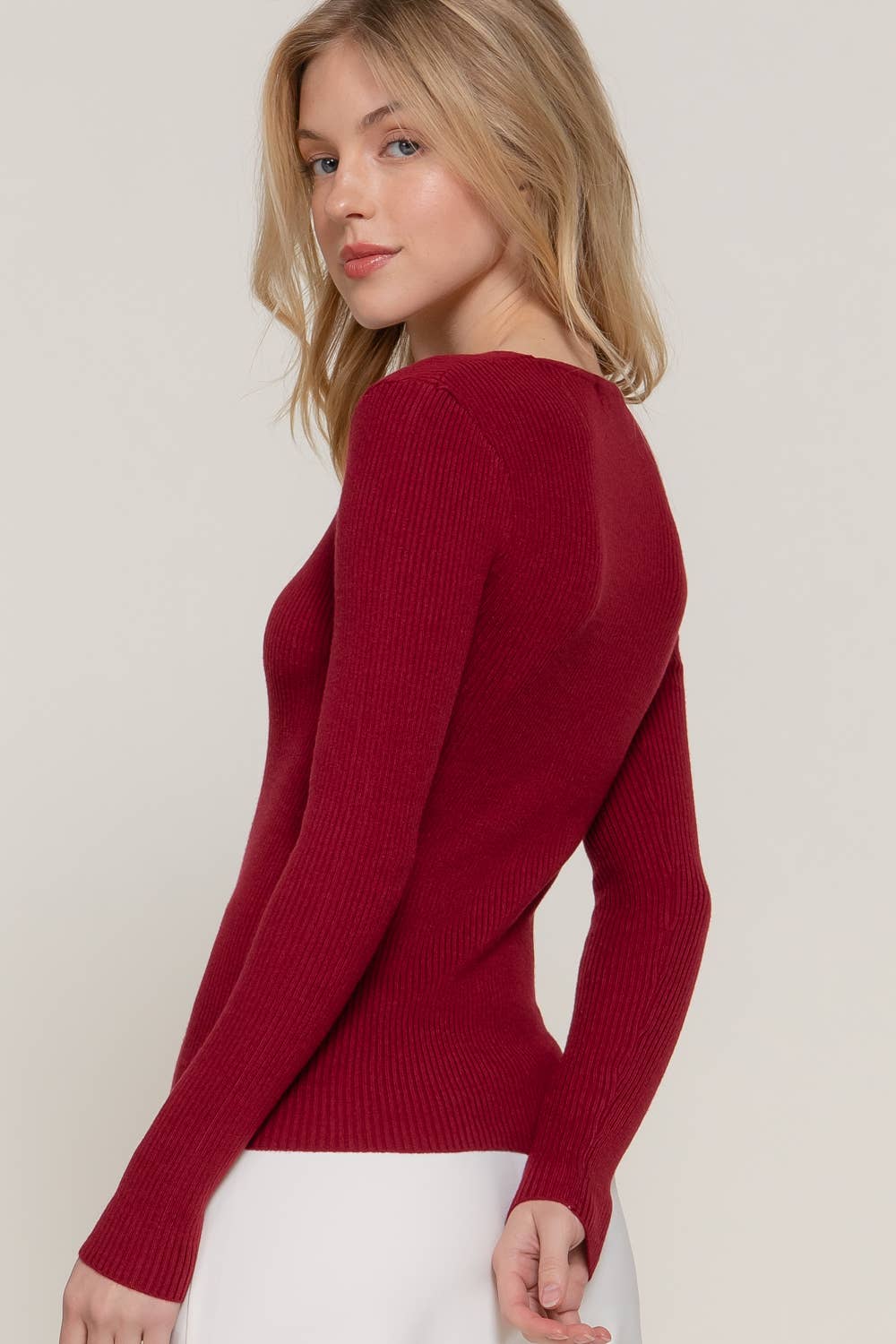 Long Sleeve V-neck Fitted Viscose Rib Sweater Top