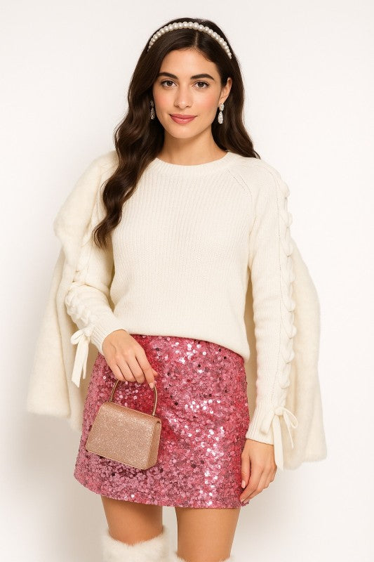 Sleeve Ribbon Round Neck Sweater