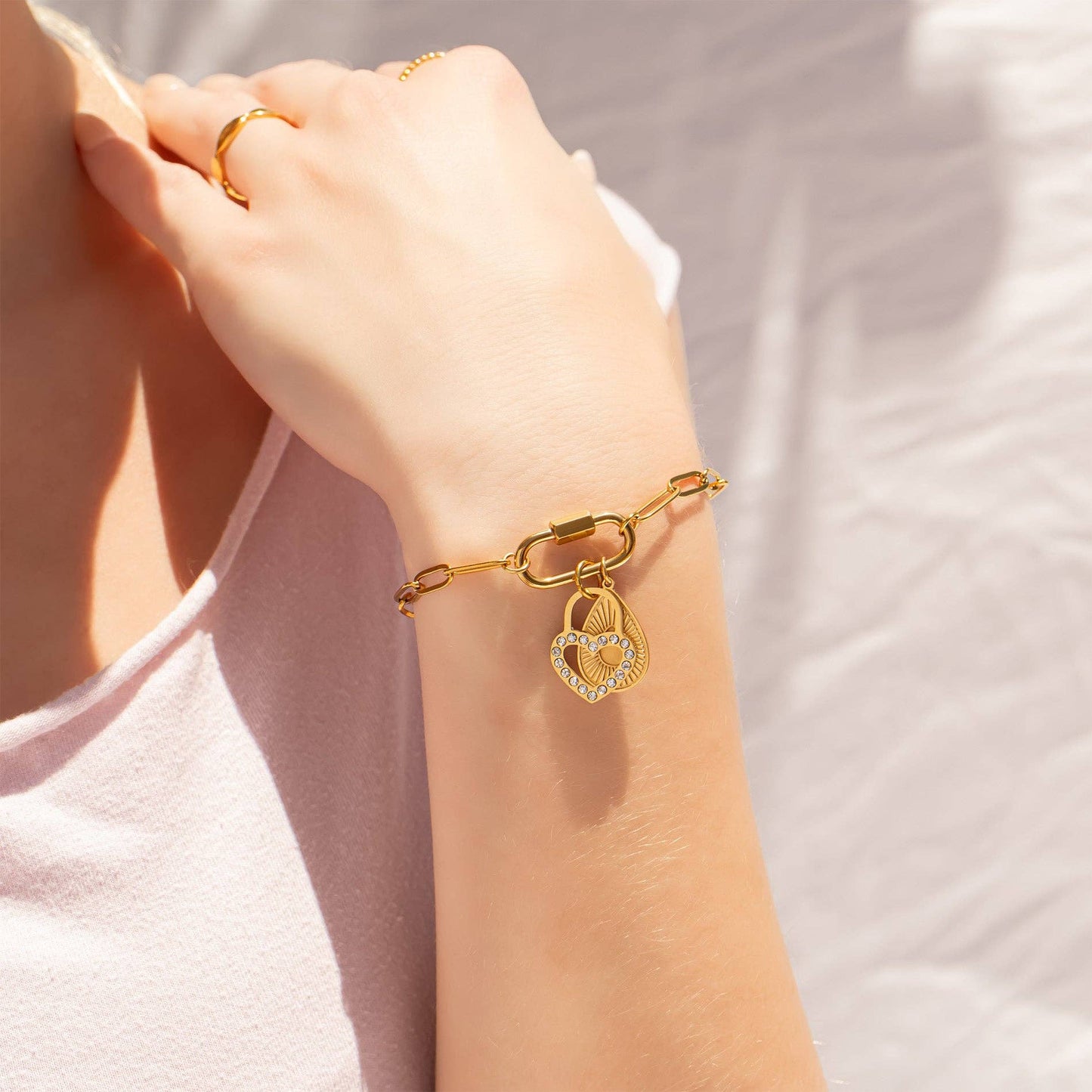 18K Gold PVD Stainless Steel CZ Padlock Heart Charm