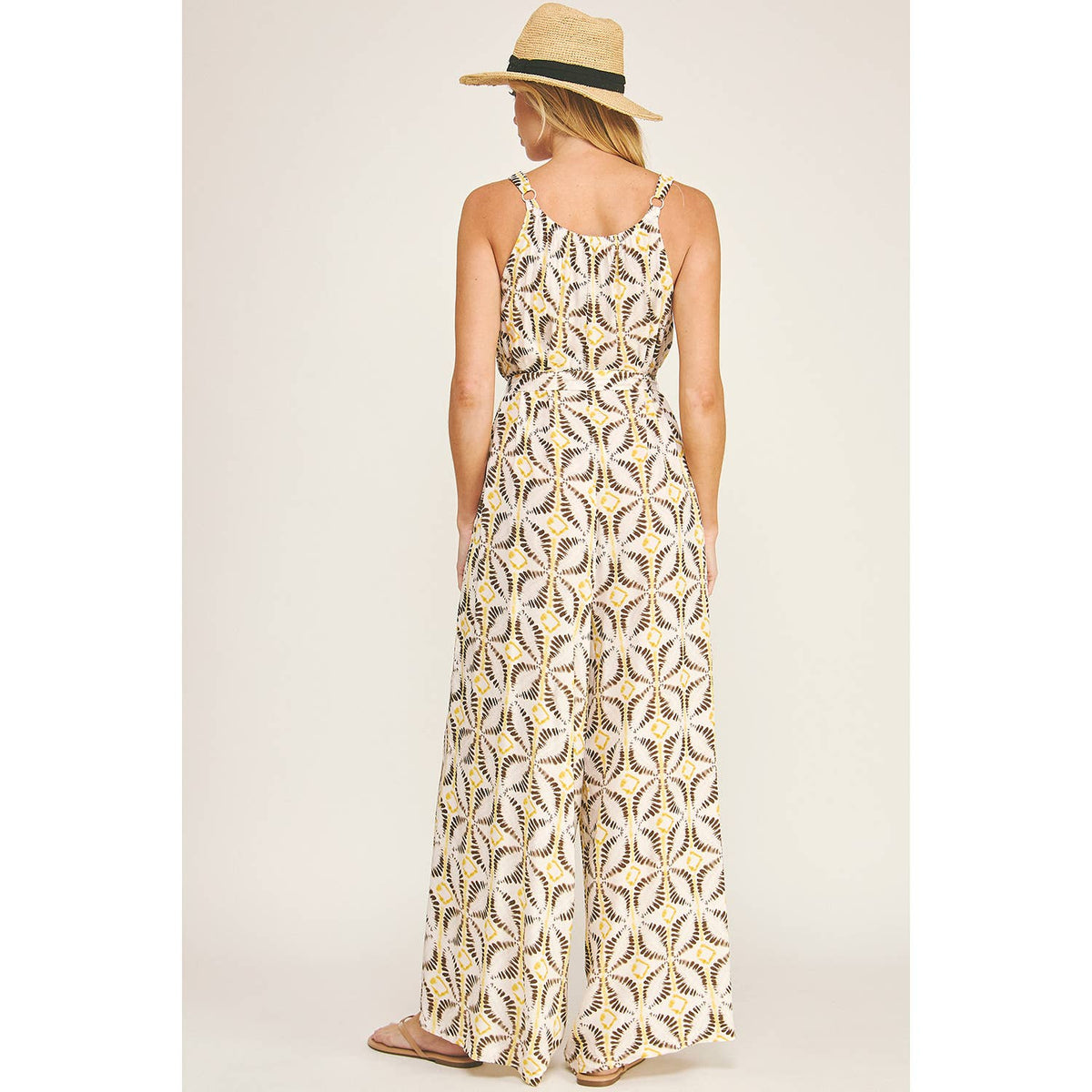 TIE WAIST WIDE LEG JUMPSUIT W/ BEAD TRIM