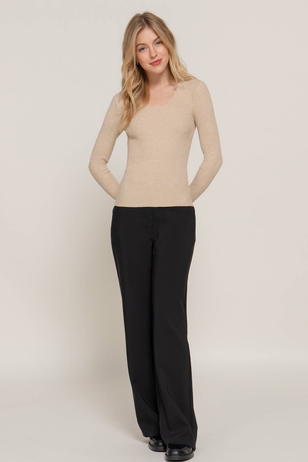 Long Sleeve V-neck Fitted Viscose Rib Sweater Top
