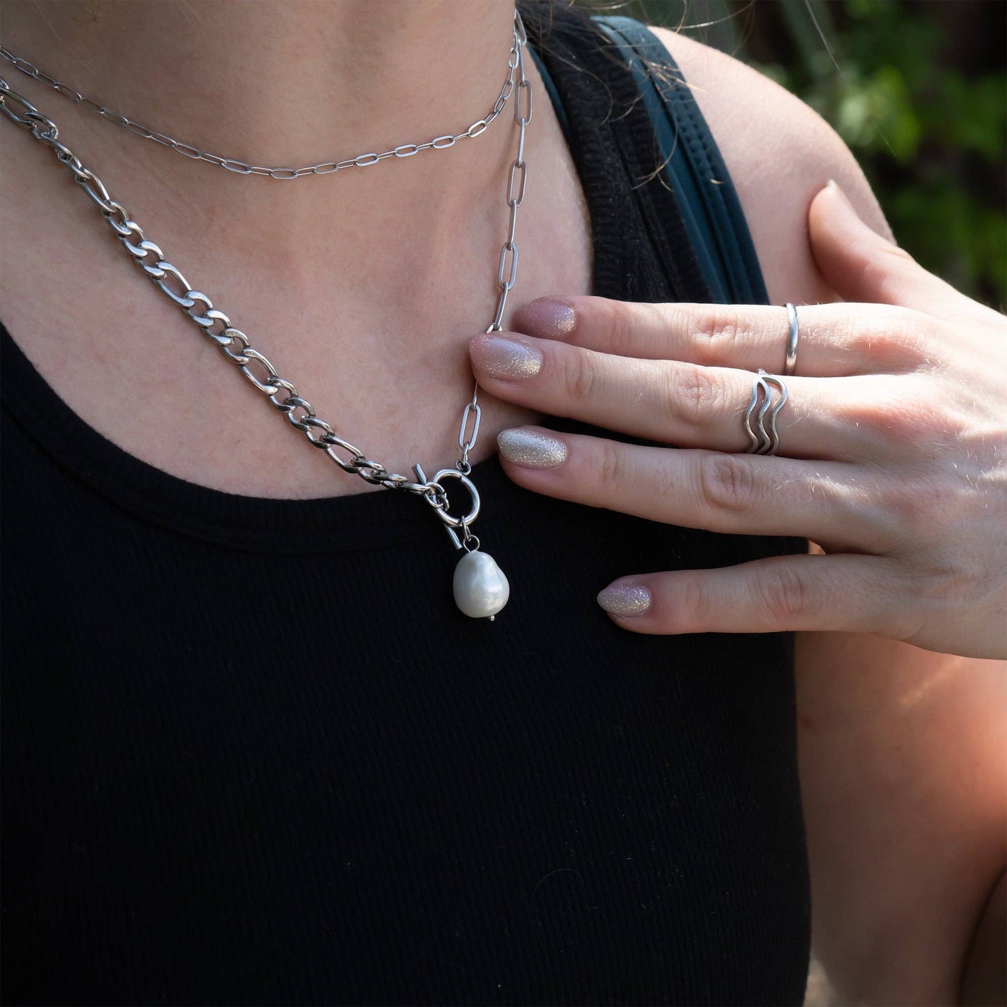 18K Gold PVD Toggle Clasp Freshwater Pearl Charm Necklace