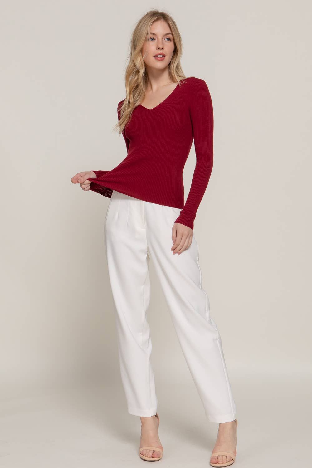 Long Sleeve V-neck Fitted Viscose Rib Sweater Top