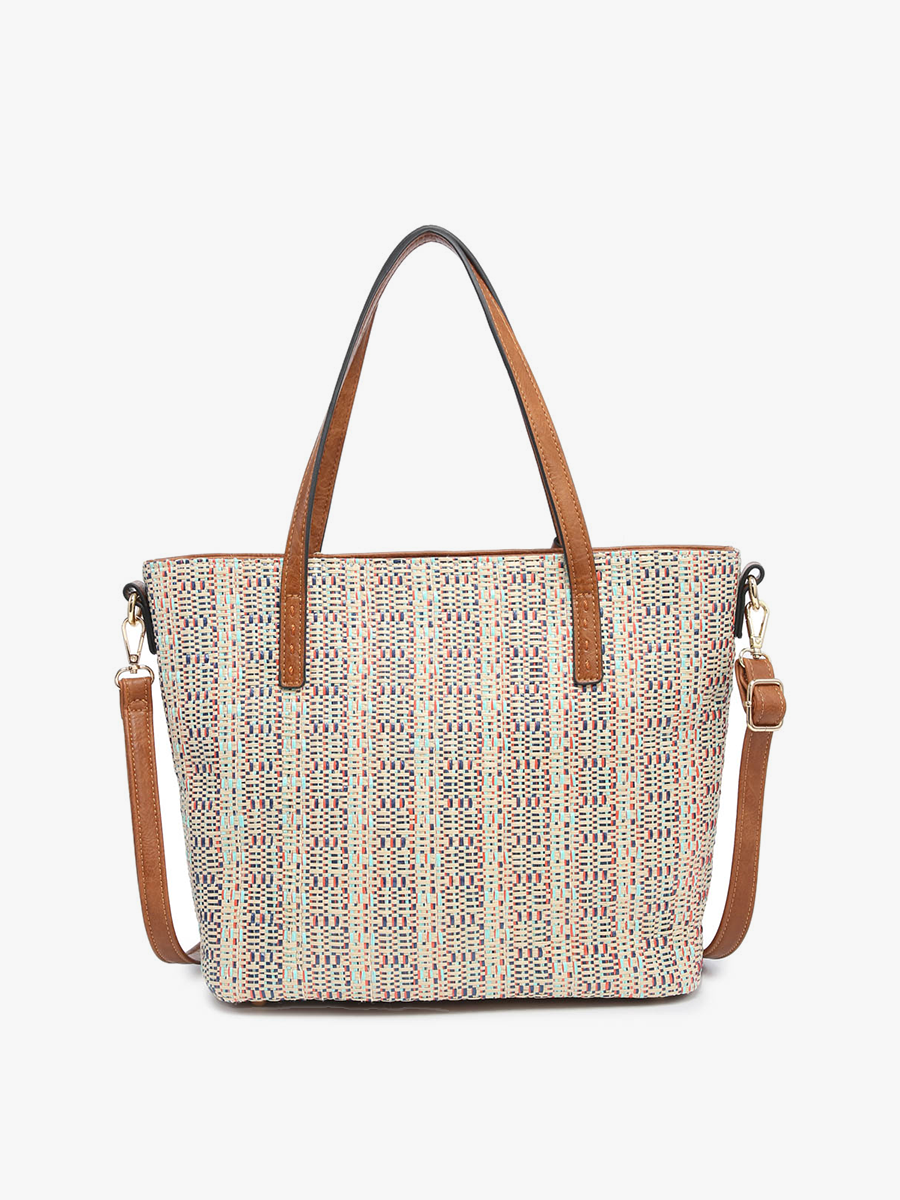 Woven handbag with brown leather straps on a white background