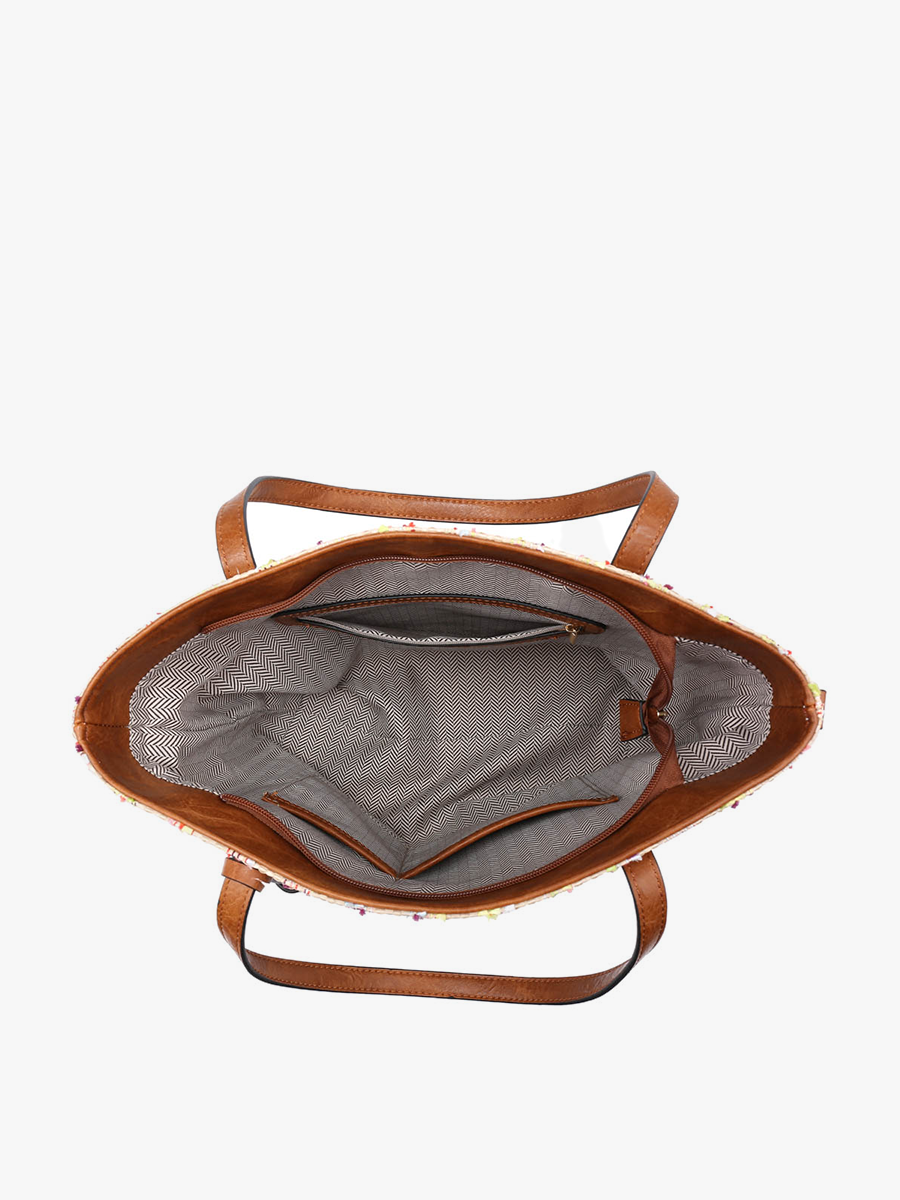 Brown leather tote bag with mesh interior on a white background