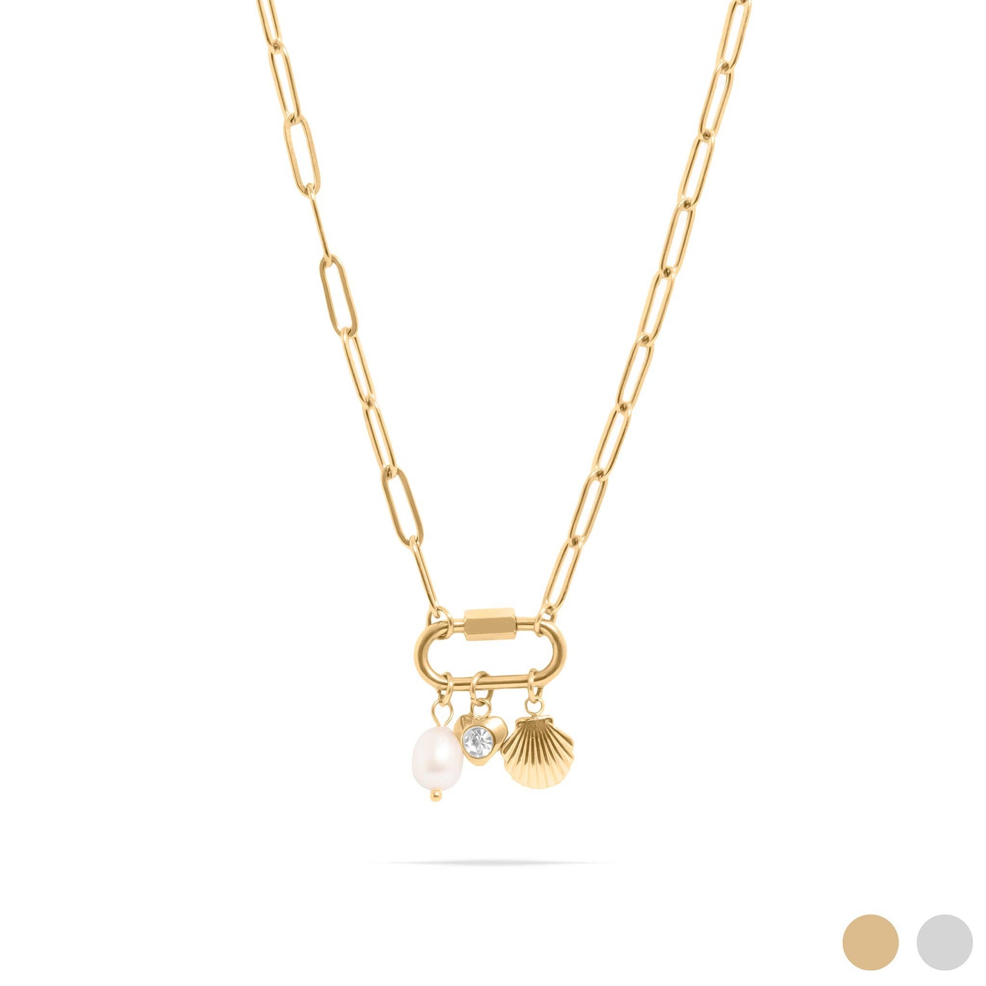 Gold necklace with charms on a white background
