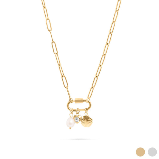 Gold necklace with charms on a white background