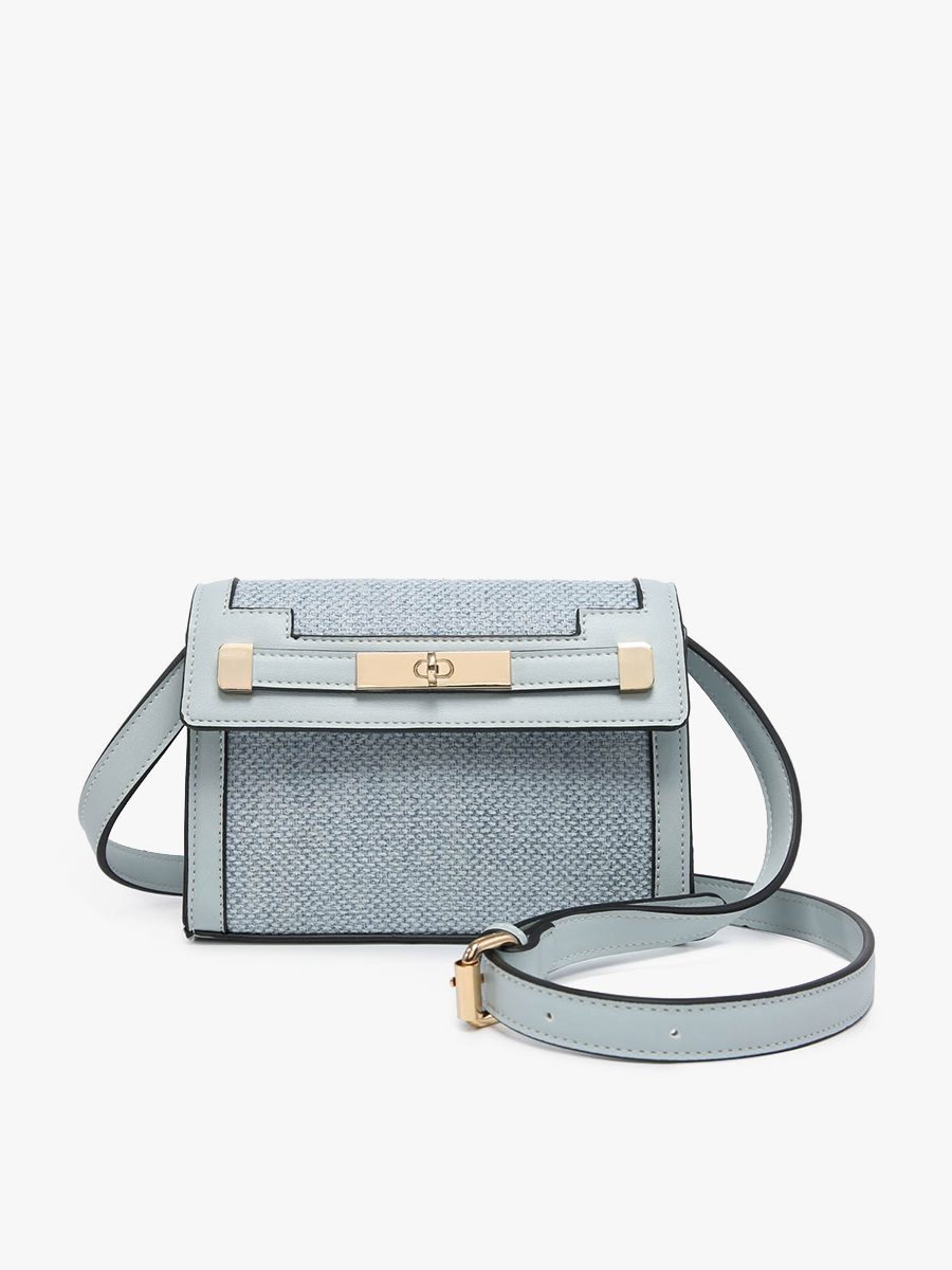 Light blue handbag with gold accents on a white background