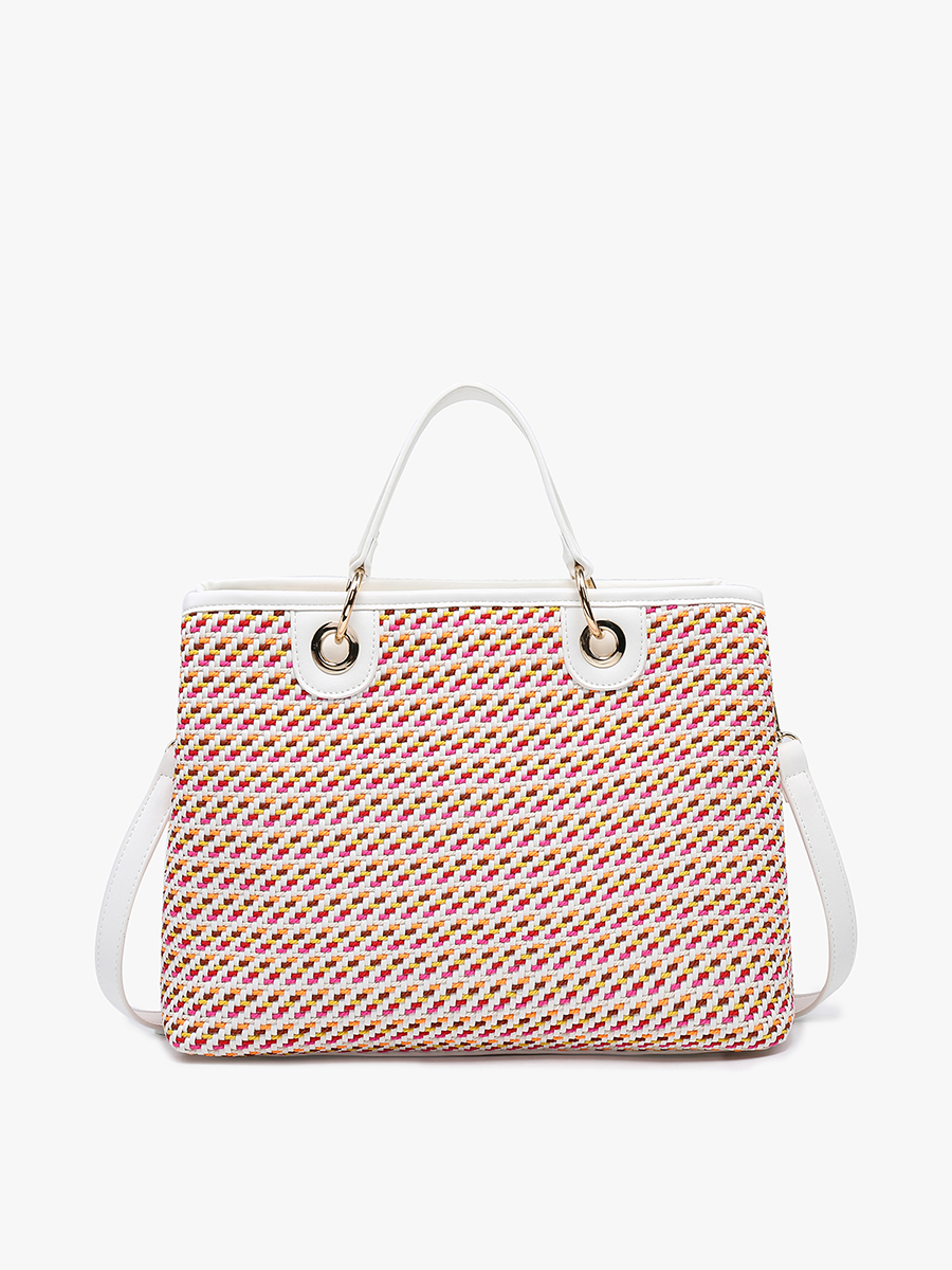 Handbag with a geometric pattern on a white background
