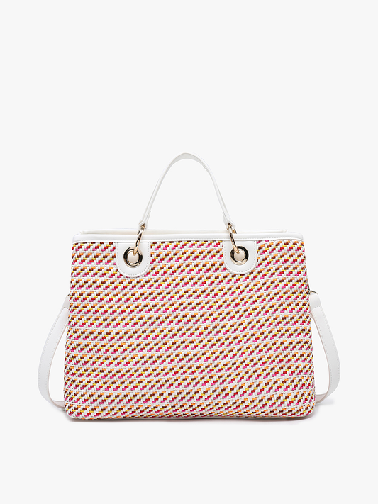 Handbag with a geometric pattern on a white background