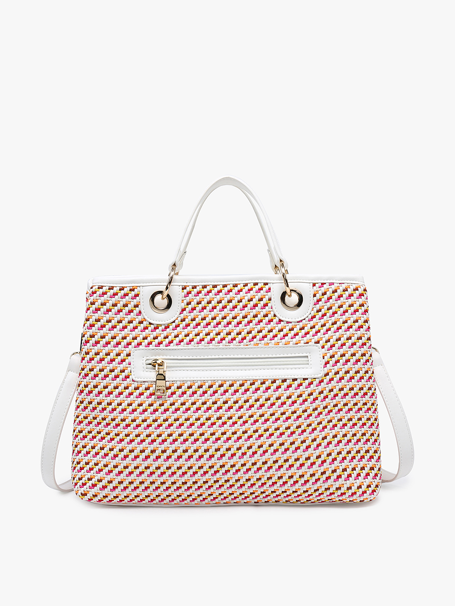 Woven handbag with a white strap on a light gray background