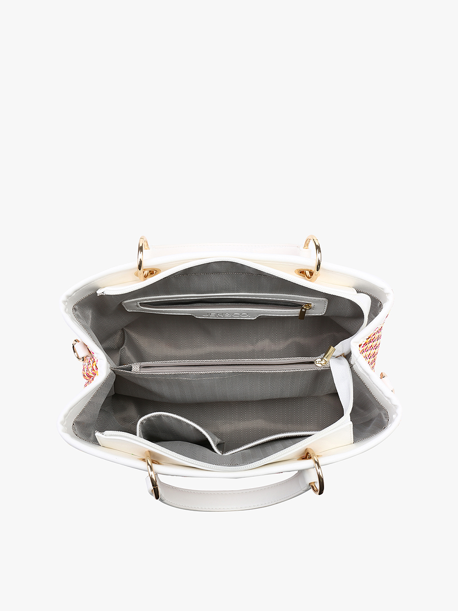 White handbag with gold accents on a white background