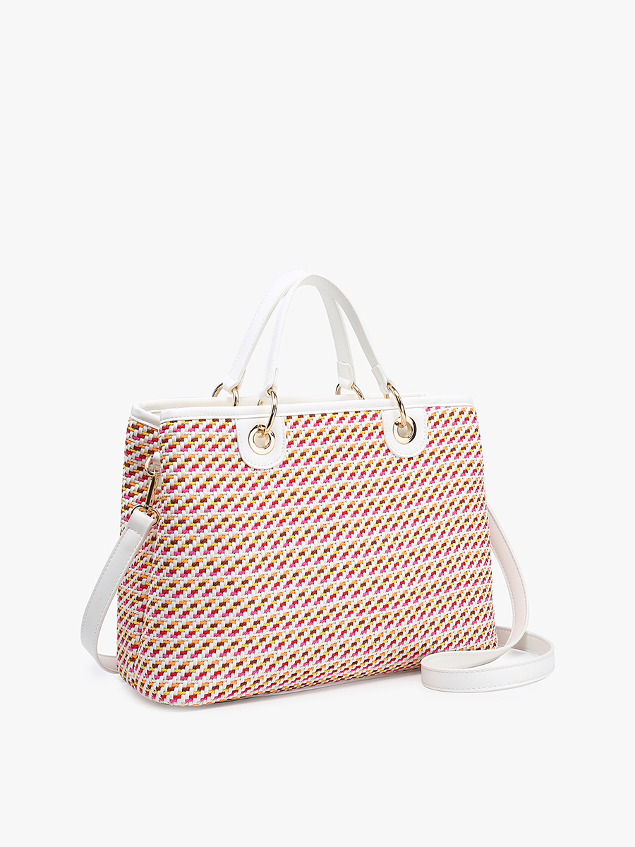Woven handbag with a geometric pattern on a white background