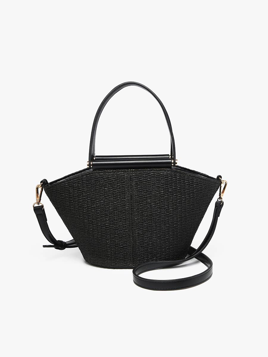 Black woven handbag with a strap on a white background